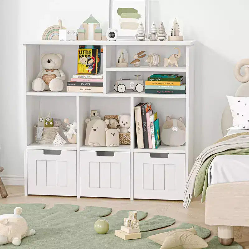 Toy Storage Organizer Kids Bookcase Toy Chest with 3 Movable Drawers & Hidden Wheels - White (Bedroom/Playroom/Nursery)