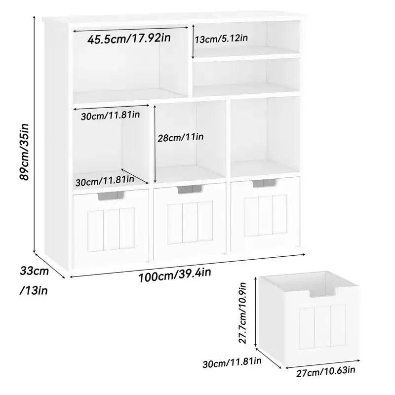 Toy Storage Organizer Kids Bookcase Toy Chest with 3 Movable Drawers & Hidden Wheels - White (Bedroom/Playroom/Nursery)