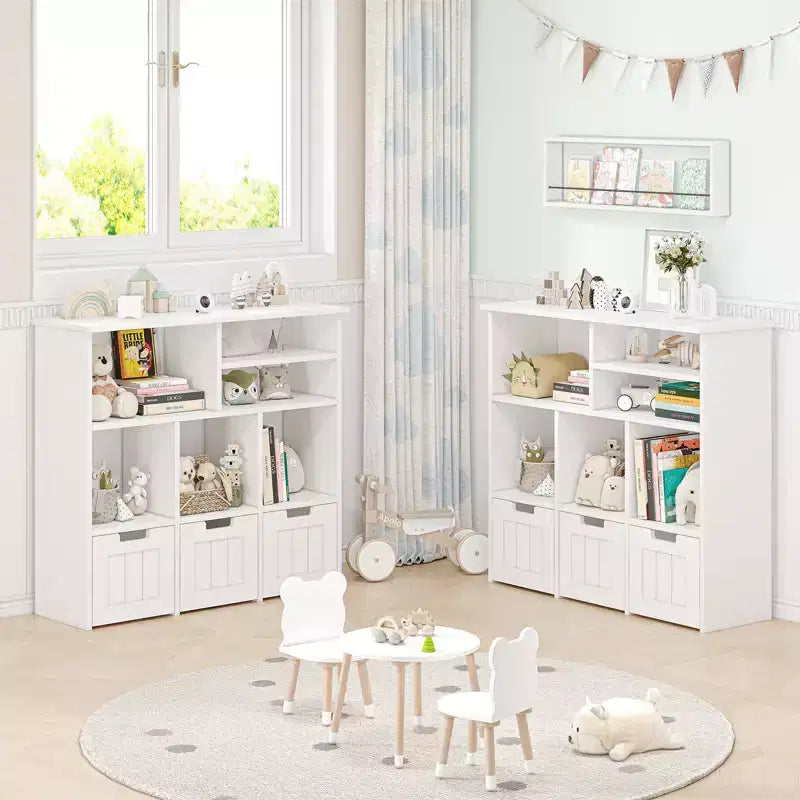 Toy Storage Organizer Kids Bookcase Toy Chest with 3 Movable Drawers & Hidden Wheels - White (Bedroom/Playroom/Nursery)