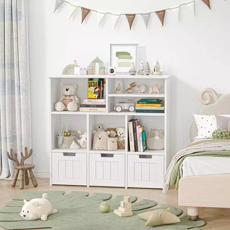 Toy Storage Organizer Kids Bookcase Toy Chest with 3 Movable Drawers & Hidden Wheels - White (Bedroom/Playroom/Nursery)