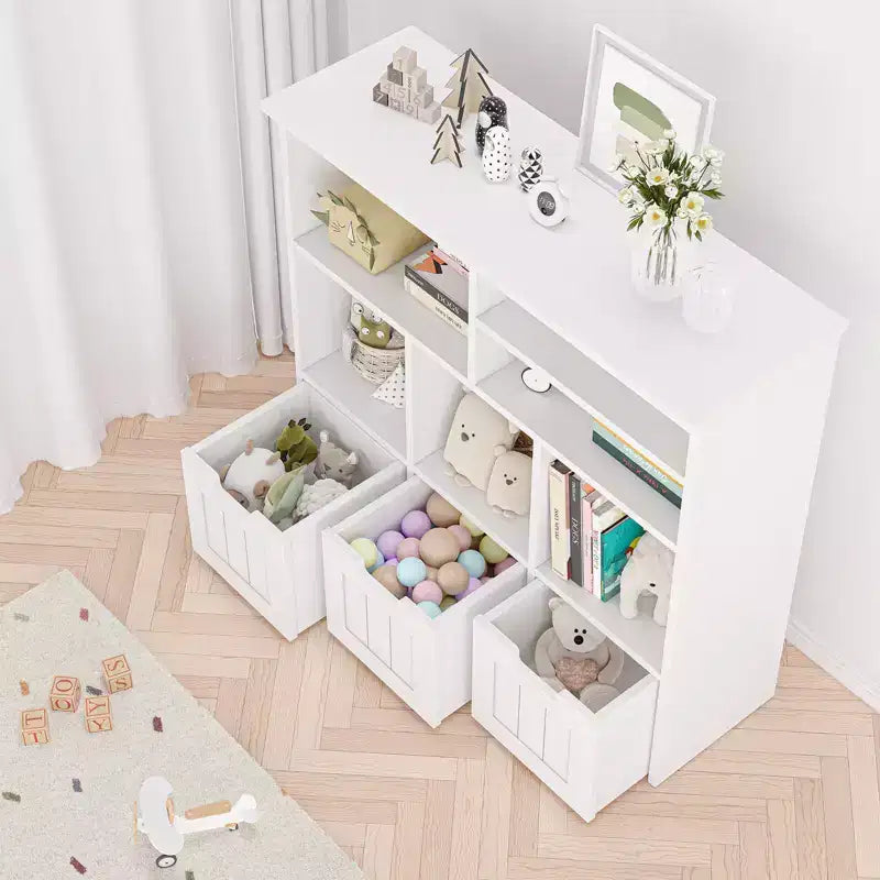 Toy Storage Organizer Kids Bookcase Toy Chest with 3 Movable Drawers & Hidden Wheels - White (Bedroom/Playroom/Nursery)