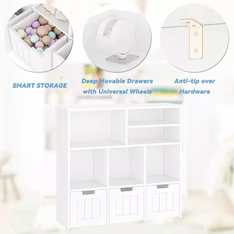 Toy Storage Organizer Kids Bookcase Toy Chest with 3 Movable Drawers & Hidden Wheels - White (Bedroom/Playroom/Nursery)