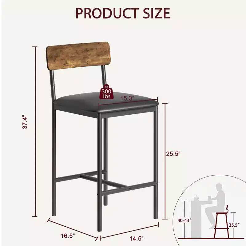 Bar Stools Set of 2 Kitchen Bar Stools with Footrest 25.5 Inches Upholstered Bar Chairs with Back 2 Counter Height Barstools for Counter Bar
