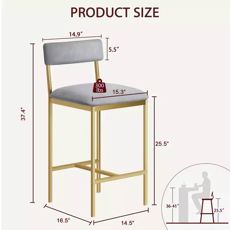 Bar Stools Set of 2 Kitchen Bar Stools with Footrest 25.5 Inches Upholstered Bar Chairs with Back 2 Counter Height Barstools for Counter Bar