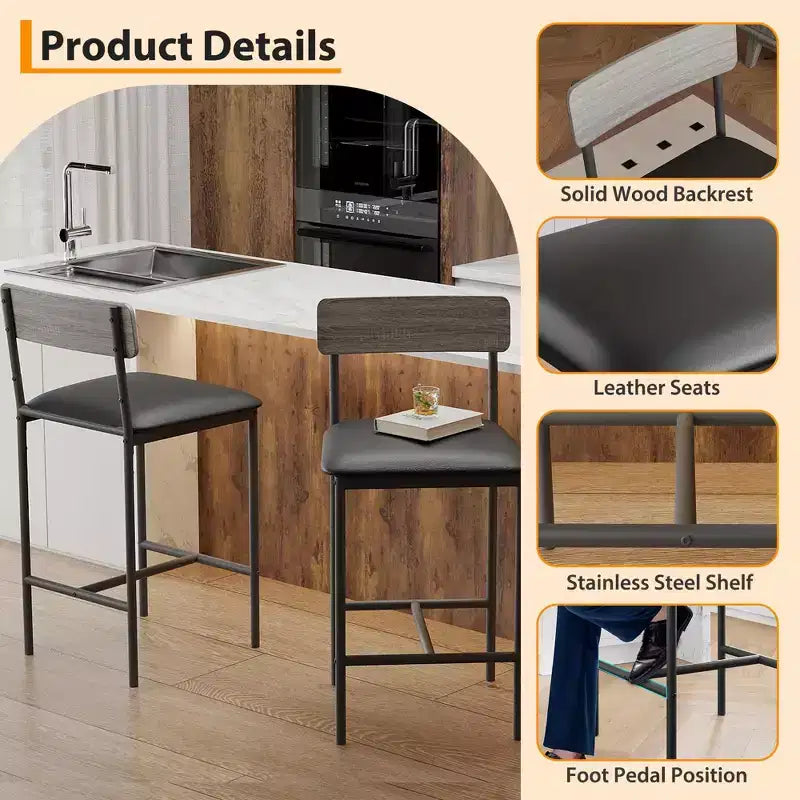 Bar Stools Set of 2 Kitchen Bar Stools with Footrest 25.5 Inches Upholstered Bar Chairs with Back 2 Counter Height Barstools for Counter Bar