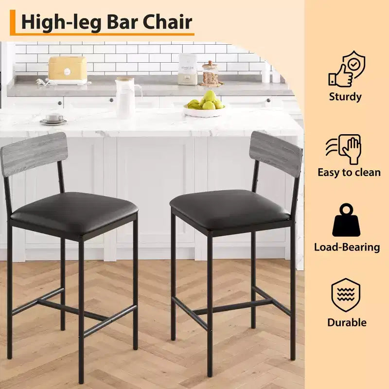 Bar Stools Set of 2 Kitchen Bar Stools with Footrest 25.5 Inches Upholstered Bar Chairs with Back 2 Counter Height Barstools for Counter Bar