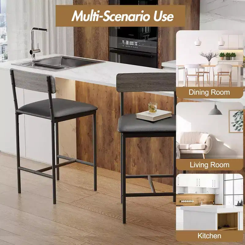 Bar Stools Set of 2 Kitchen Bar Stools with Footrest 25.5 Inches Upholstered Bar Chairs with Back 2 Counter Height Barstools for Counter Bar