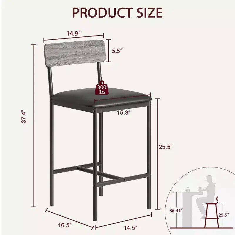 Bar Stools Set of 2 Kitchen Bar Stools with Footrest 25.5 Inches Upholstered Bar Chairs with Back 2 Counter Height Barstools for Counter Bar