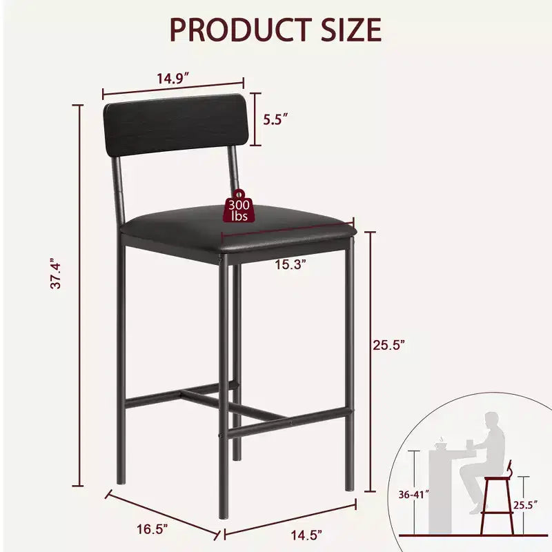 Bar Stools Set of 2 Kitchen Bar Stools with Footrest 25.5 Inches Upholstered Bar Chairs with Back 2 Counter Height Barstools for Counter Bar