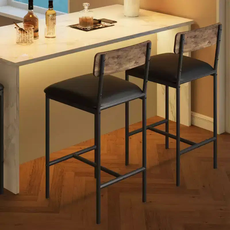 Bar Stools Set of 2 Kitchen Bar Stools with Footrest 25.5 Inches Upholstered Bar Chairs with Back 2 Counter Height Barstools for Counter Bar