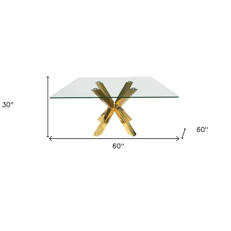 HomeRoots 60 Clear and Gold Glass and Metal Cross Leg Base Square Dining Table