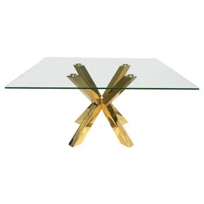 HomeRoots 60 Clear and Gold Glass and Metal Cross Leg Base Square Dining Table