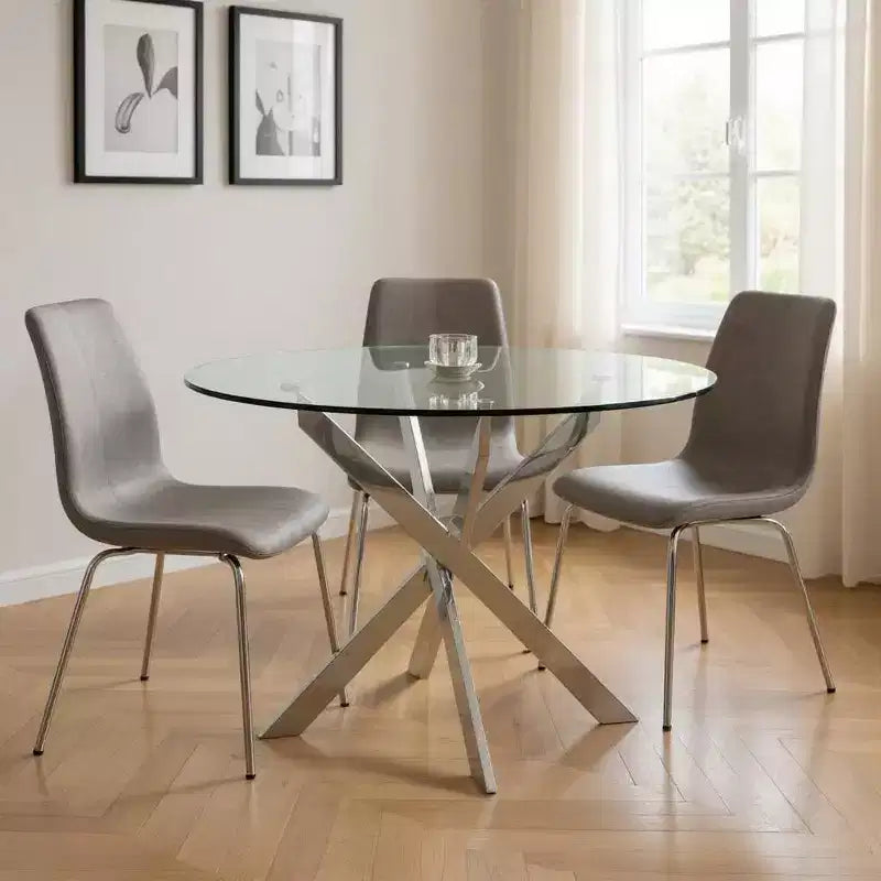 HomeRoots 48 Clear and Silver Glass and Metal Cross Leg Base Round Top Dining Table
