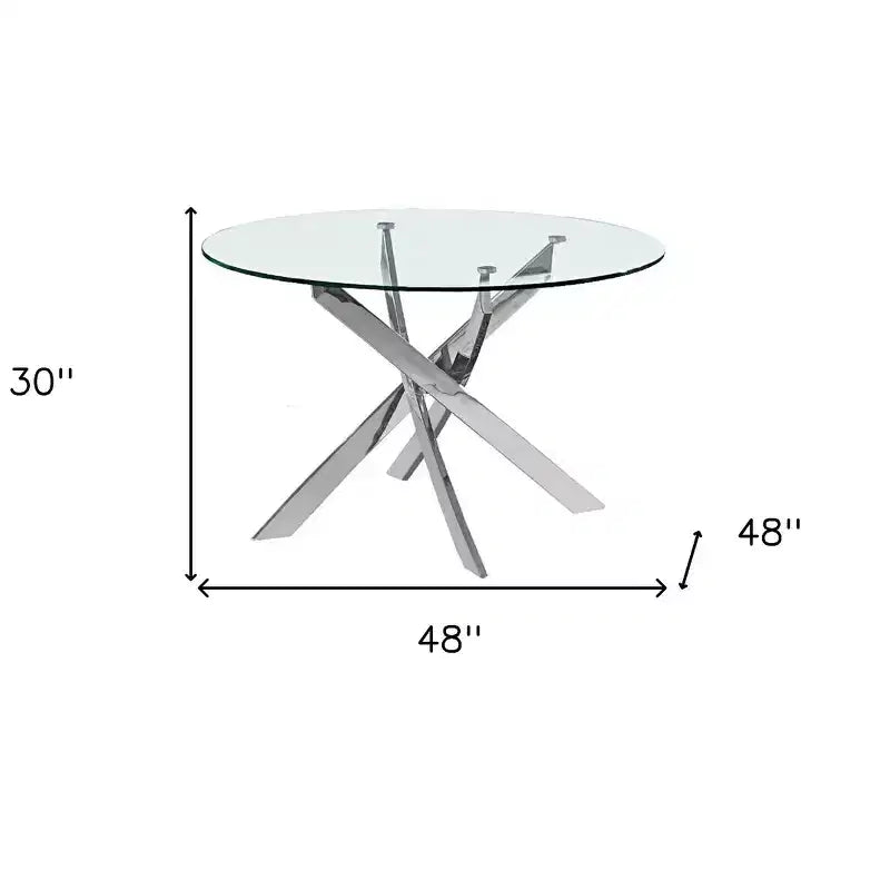 HomeRoots 48 Clear and Silver Glass and Metal Cross Leg Base Round Top Dining Table
