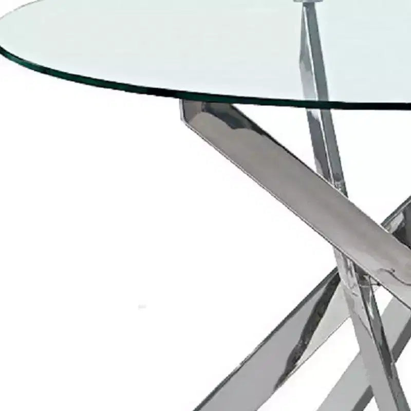 HomeRoots 48 Clear and Silver Glass and Metal Cross Leg Base Round Top Dining Table