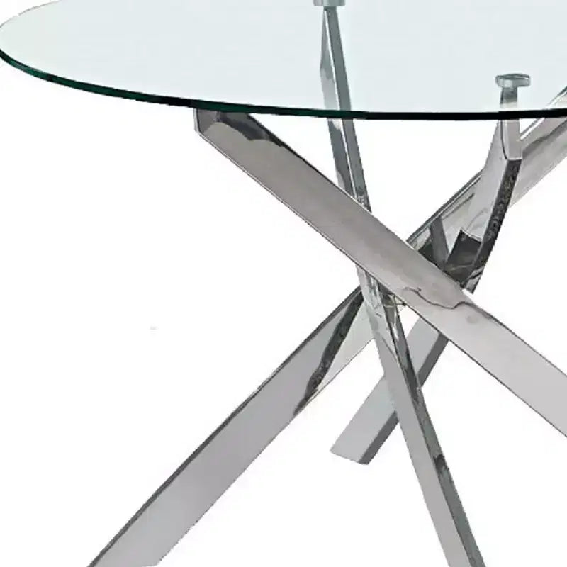HomeRoots 48 Clear and Silver Glass and Metal Cross Leg Base Round Top Dining Table