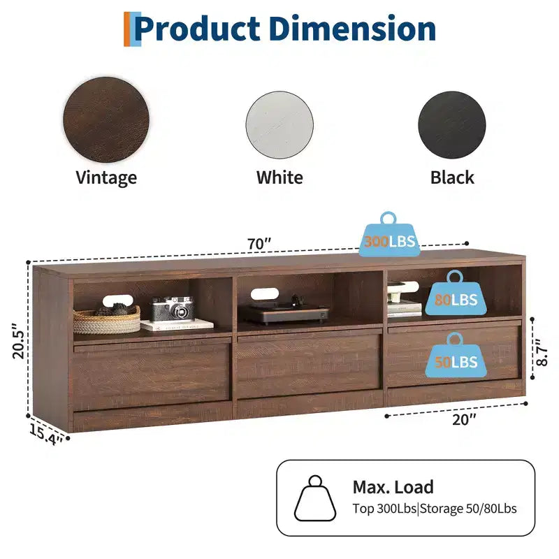 70 Inch TV Stand for 80 TVs Mid Century Modern Storage Drawer with Open Shelves Wood Media Console Cabinet for Living Room/Bedroom Vintage