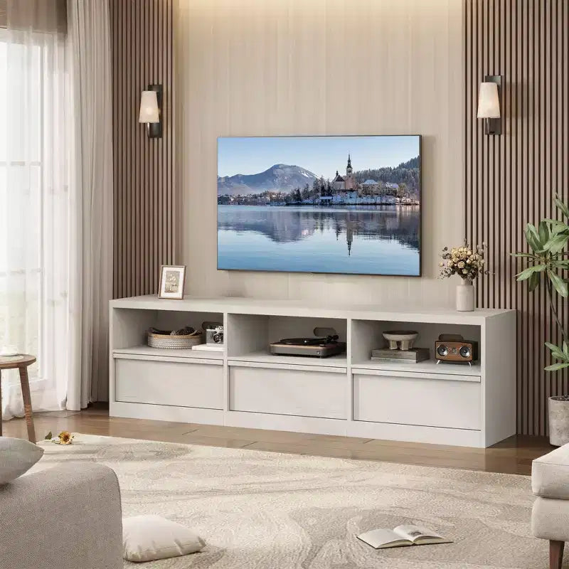 70 Inch TV Stand for 80 TVs Mid Century Modern Storage Drawer with Open Shelves Wood Media Console Cabinet for Living Room/Bedroom Vintage