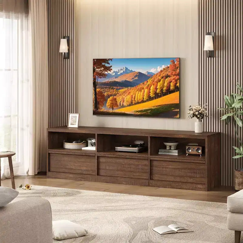 70 Inch TV Stand for 80 TVs Mid Century Modern Storage Drawer with Open Shelves Wood Media Console Cabinet for Living Room/Bedroom Vintage