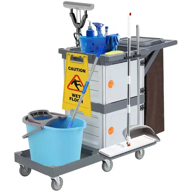 Commercial Janitorial Cart 3-Shelf Housekeeping Cart with Storage Cabinets and Laundry Bag