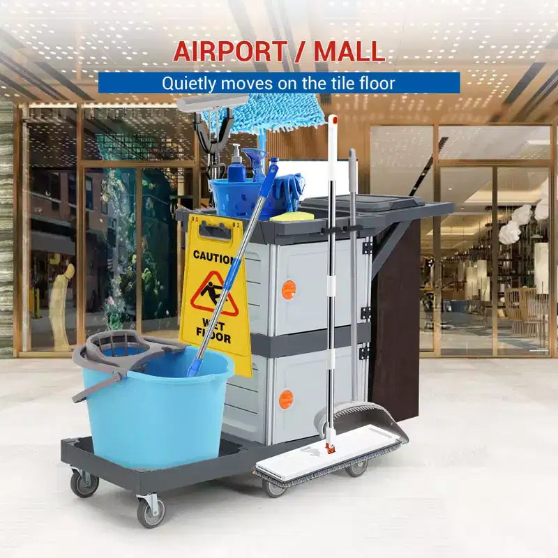 Commercial Janitorial Cart 3-Shelf Housekeeping Cart with Storage Cabinets and Laundry Bag