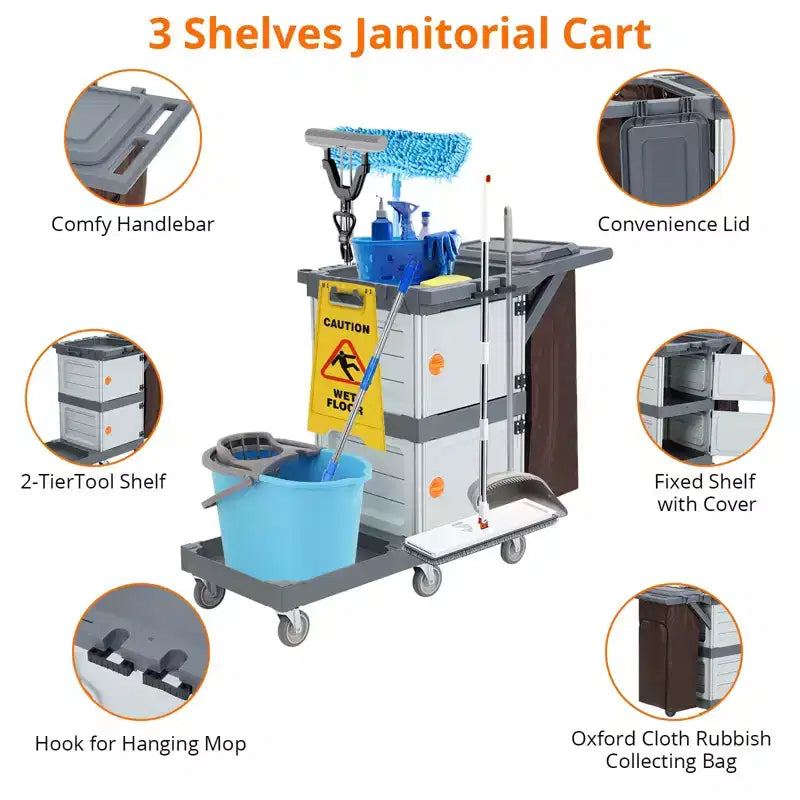 Commercial Janitorial Cart 3-Shelf Housekeeping Cart with Storage Cabinets and Laundry Bag