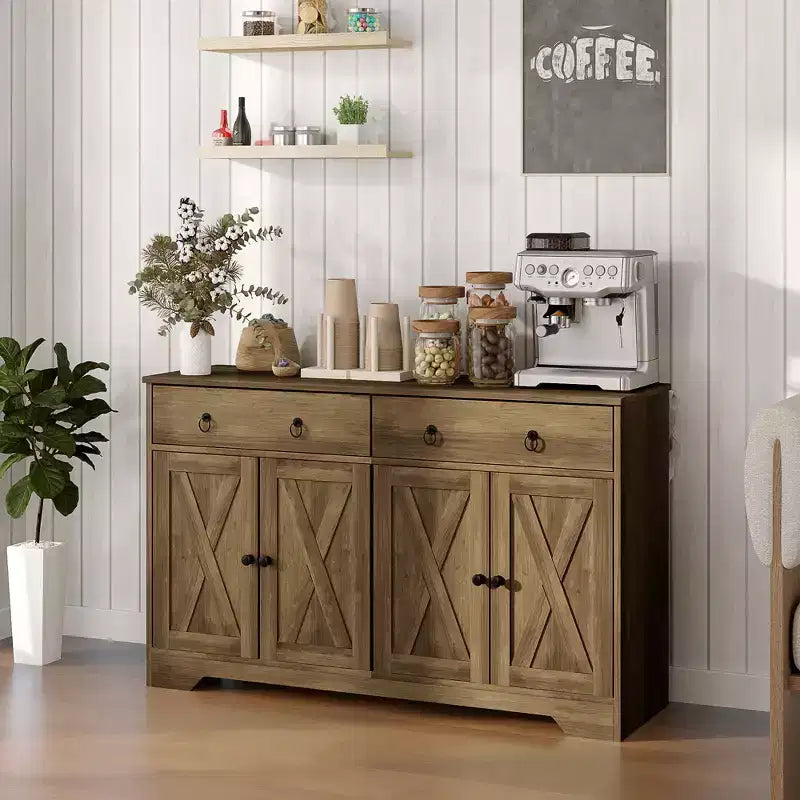 Kitchen Storage Sideboard Farmhouse Buffet Cabinet with Barn Style Doors Drawers Adjustable Shelves