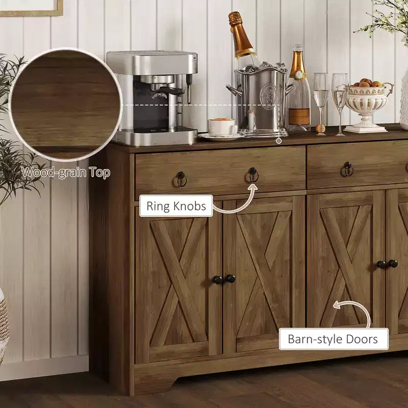 Kitchen Storage Sideboard Farmhouse Buffet Cabinet with Barn Style Doors Drawers Adjustable Shelves