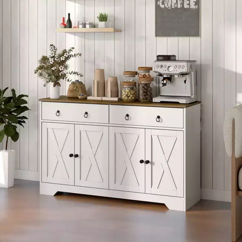 Kitchen Storage Sideboard Farmhouse Buffet Cabinet with Barn Style Doors Drawers Adjustable Shelves