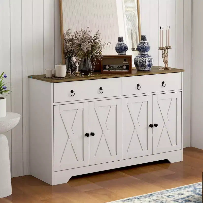 Kitchen Storage Sideboard Farmhouse Buffet Cabinet with Barn Style Doors Drawers Adjustable Shelves