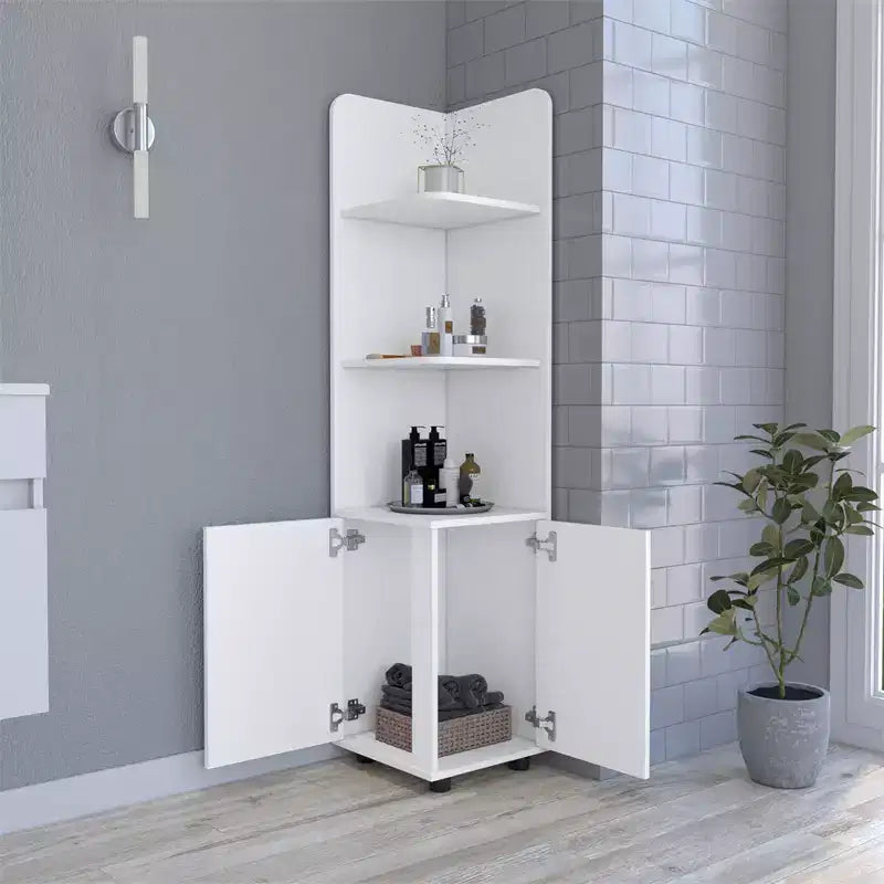 Bathroom Floor Storage Cabinet Tall Bathroom Storage Unit with 2-Door Base Cabinet 3 Tier Open Shelves