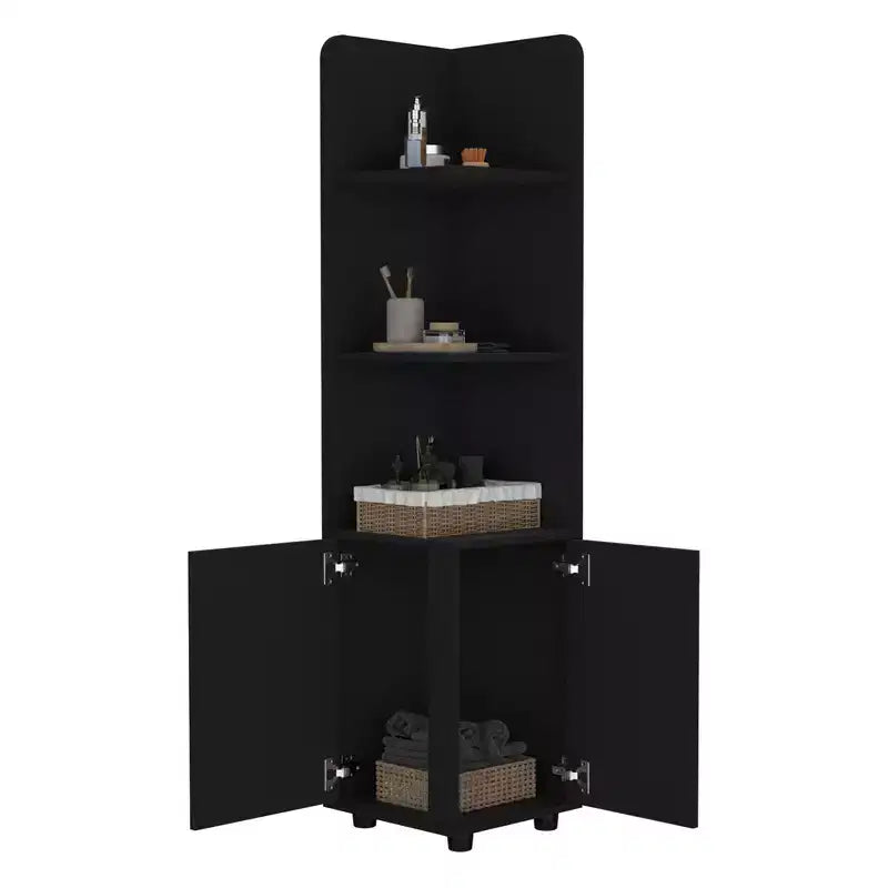 Bathroom Floor Storage Cabinet Tall Bathroom Storage Unit with 2-Door Base Cabinet 3 Tier Open Shelves