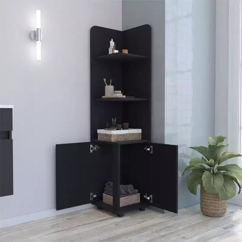 Bathroom Floor Storage Cabinet Tall Bathroom Storage Unit with 2-Door Base Cabinet 3 Tier Open Shelves