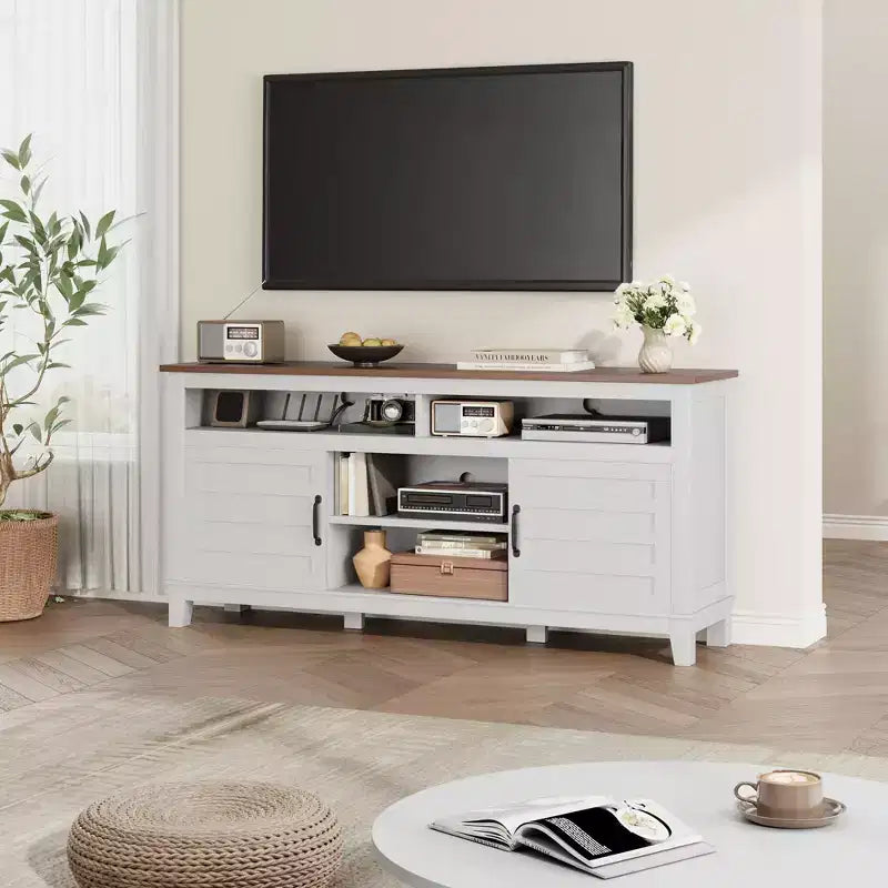 TV Stand Entertainment Center with Adjustable Shelves Farmhouse TV Stand with Cabinet Doors for Living Room Bedroom