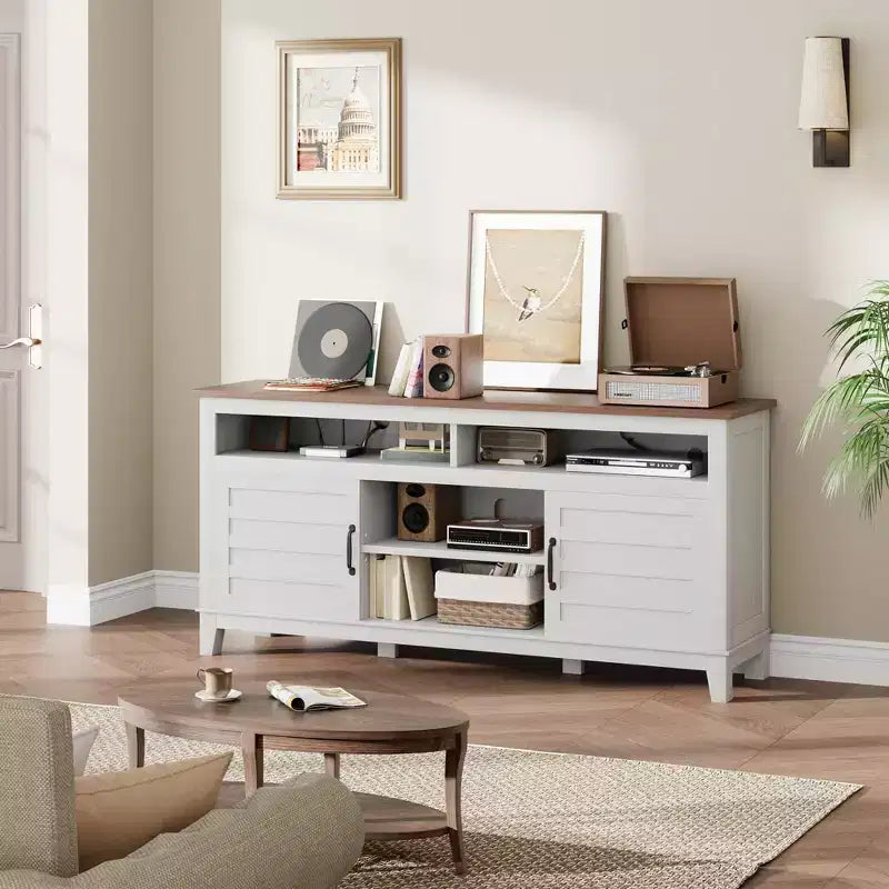 TV Stand Entertainment Center with Adjustable Shelves Farmhouse TV Stand with Cabinet Doors for Living Room Bedroom