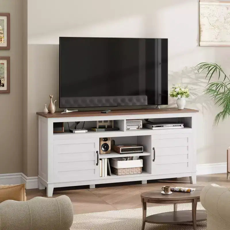 TV Stand Entertainment Center with Adjustable Shelves Farmhouse TV Stand with Cabinet Doors for Living Room Bedroom