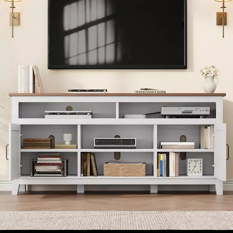 TV Stand Entertainment Center with Adjustable Shelves Farmhouse TV Stand with Cabinet Doors for Living Room Bedroom
