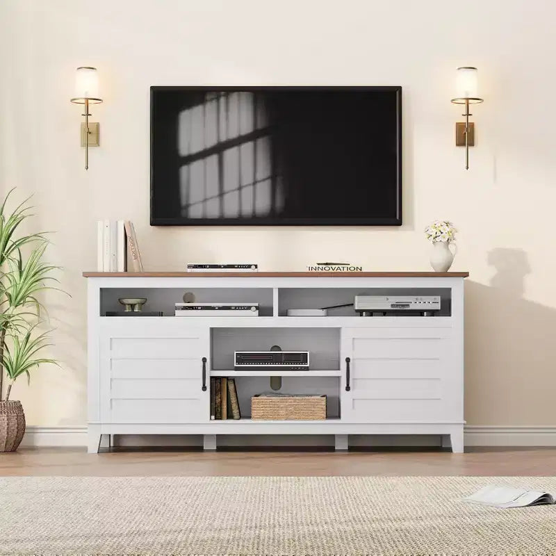 TV Stand Entertainment Center with Adjustable Shelves Farmhouse TV Stand with Cabinet Doors for Living Room Bedroom