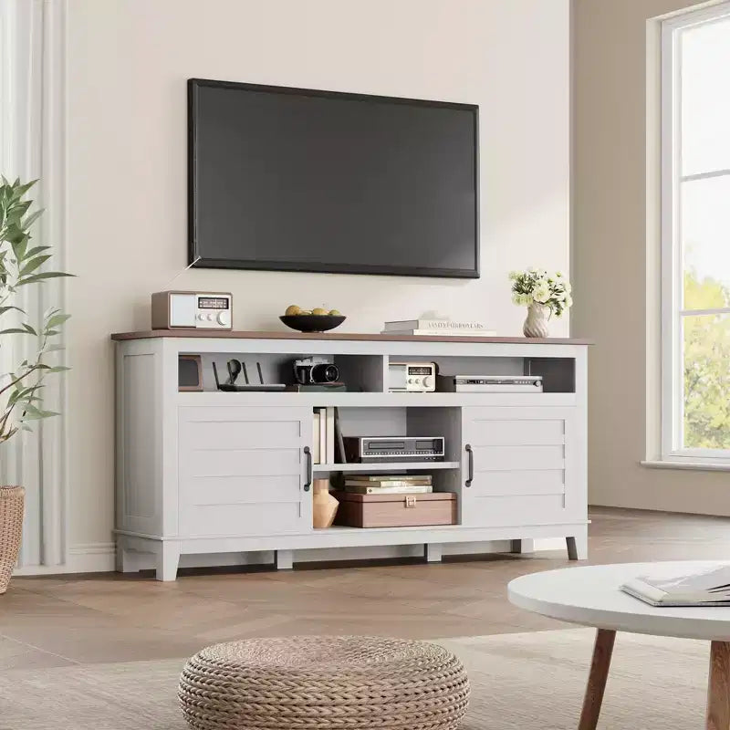 TV Stand Entertainment Center with Adjustable Shelves Farmhouse TV Stand with Cabinet Doors for Living Room Bedroom