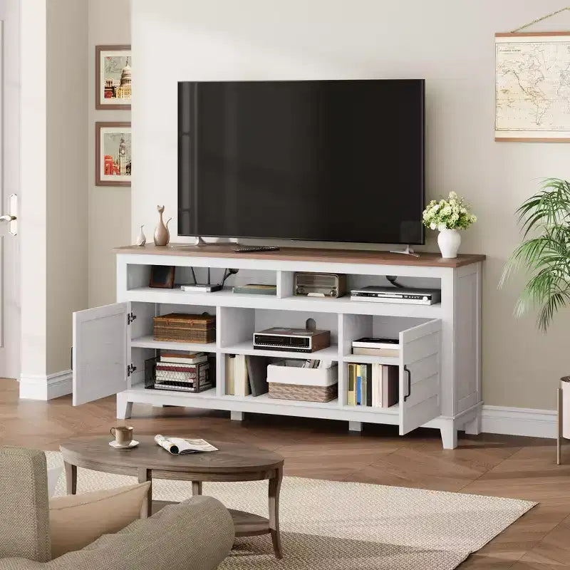 TV Stand Entertainment Center with Adjustable Shelves Farmhouse TV Stand with Cabinet Doors for Living Room Bedroom