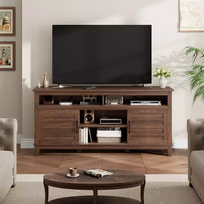 TV Stand Entertainment Center with Adjustable Shelves Farmhouse TV Stand with Cabinet Doors for Living Room Bedroom