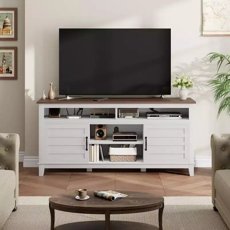 TV Stand Entertainment Center with Adjustable Shelves Farmhouse TV Stand with Cabinet Doors for Living Room Bedroom