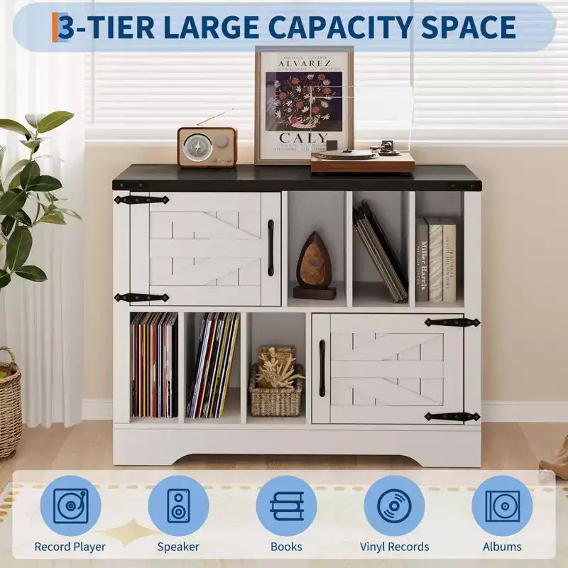 CuisinSmart 39'' Record Player Stand with Vinyl Storage Vinyl Record Storage Cabinet with 2 Barn Doors Up To 450 Albums for Living&Music Room