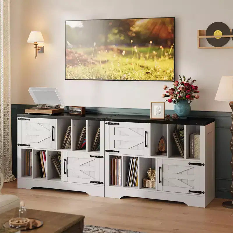 CuisinSmart 39'' Record Player Stand with Vinyl Storage Vinyl Record Storage Cabinet with 2 Barn Doors Up To 450 Albums for Living&Music Room