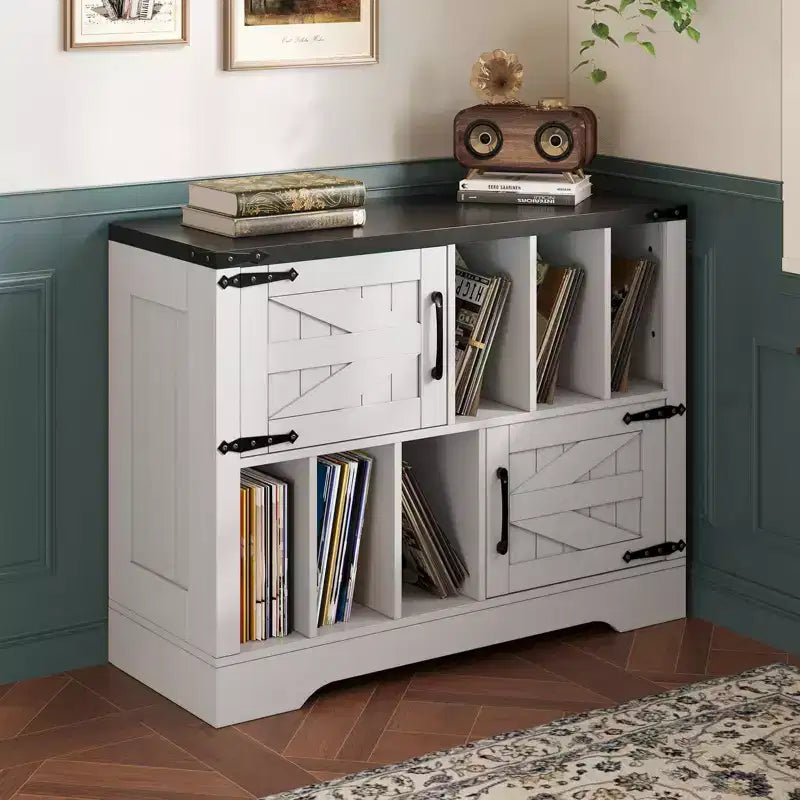 CuisinSmart 39'' Record Player Stand with Vinyl Storage Vinyl Record Storage Cabinet with 2 Barn Doors Up To 450 Albums for Living&Music Room