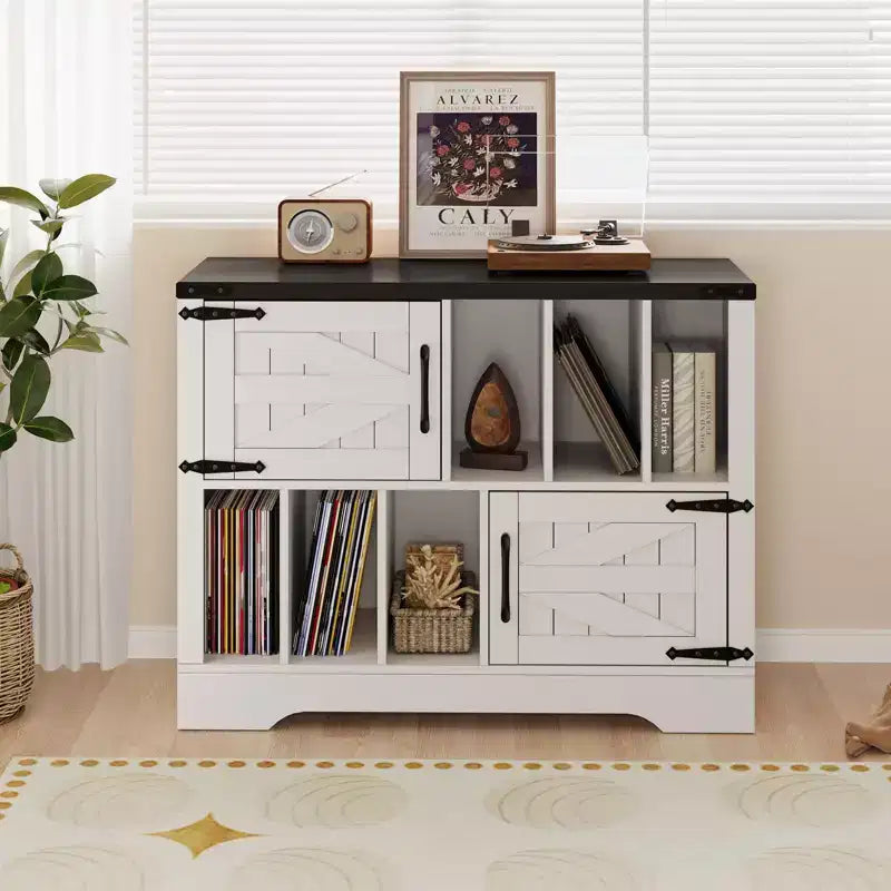 CuisinSmart 39'' Record Player Stand with Vinyl Storage Vinyl Record Storage Cabinet with 2 Barn Doors Up To 450 Albums for Living&Music Room
