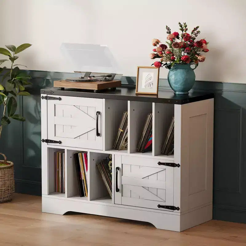 CuisinSmart 39'' Record Player Stand with Vinyl Storage Vinyl Record Storage Cabinet with 2 Barn Doors Up To 450 Albums for Living&Music Room