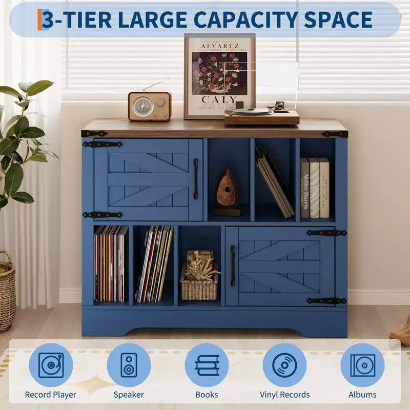 CuisinSmart 39'' Record Player Stand with Vinyl Storage Vinyl Record Storage Cabinet with 2 Barn Doors Up To 450 Albums for Living&Music Room