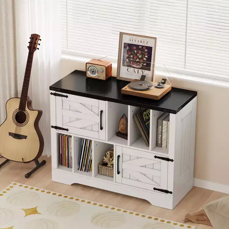 CuisinSmart 39'' Record Player Stand with Vinyl Storage Vinyl Record Storage Cabinet with 2 Barn Doors Up To 450 Albums for Living&Music Room