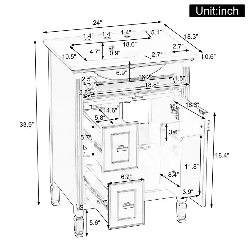 GDFStudio Crystal 24 Solid Wood Bathroom Vanity with Sink and Adjustable Shelf
